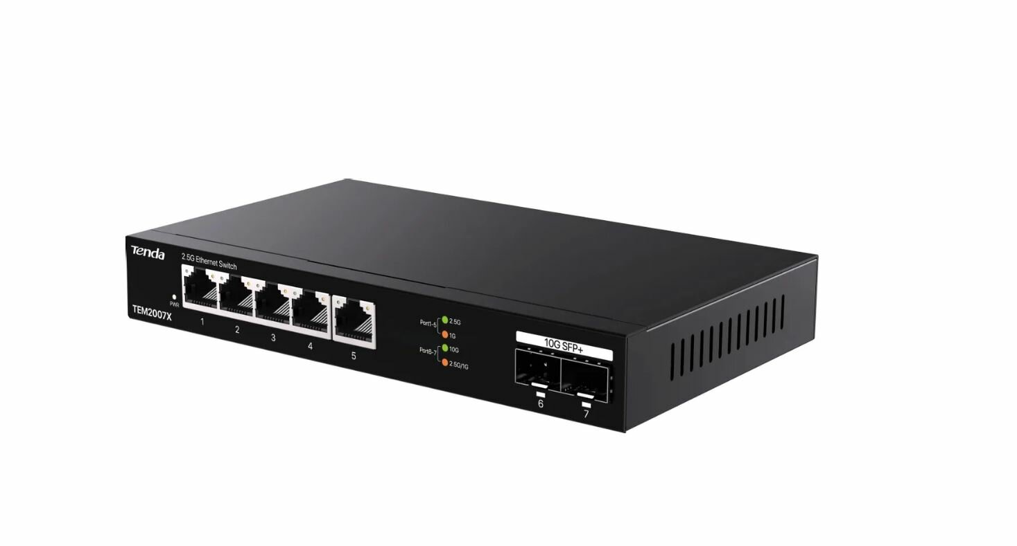 Tenda TEM2007X Коммутатор неуправляемый, 7 портов, RJ-45 5х2,5 Гбит/с, SFP+ 2х10 Гбит/с, настольный, металлический