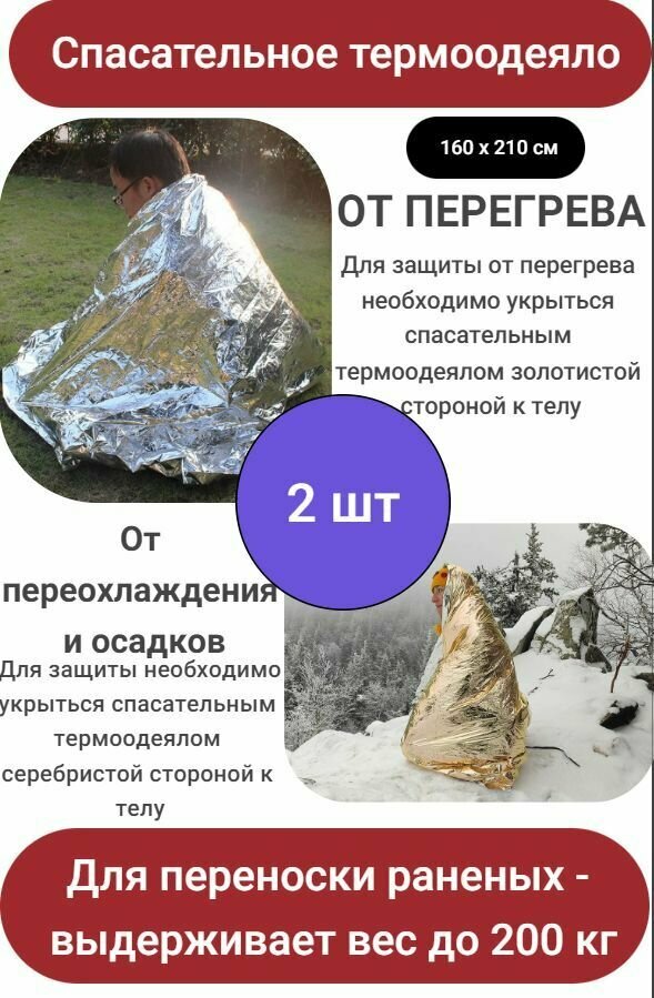 Спасательное одеяло-покрывало изотермическое 2 ШТ, 160*210 см от перегревания или переохлаждения LEINA-WERKE (Германия)