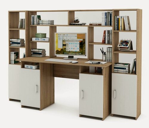 Изображение товара Стол письменный для школьника "Лайт (Ньюкасл) 6", ЛДСП, с надстройкой, с полками и стеллажами, 213,4х149,2х60 см