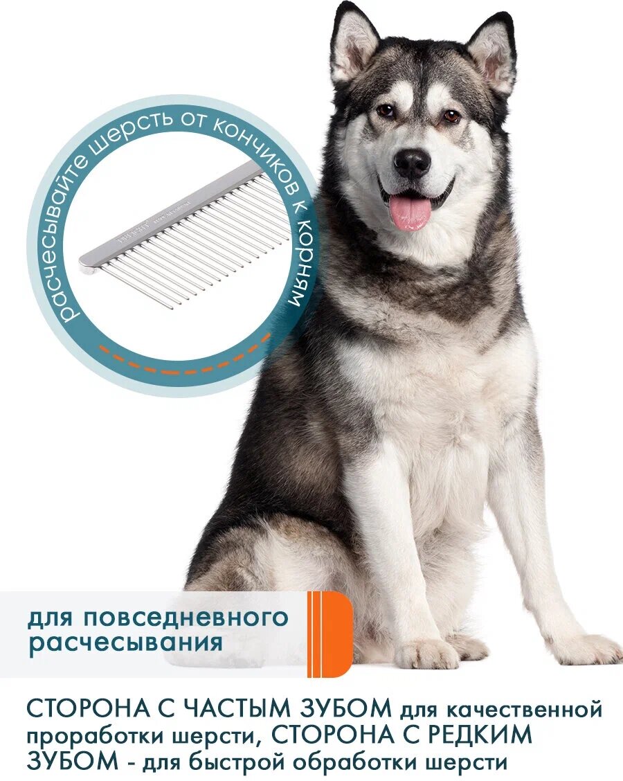 Расчёска (гребень) комбинированная для собак DeLIGHT Pro 3532339, сталь хромированная, длинные зубья 32мм, большая 19см — фото 1
