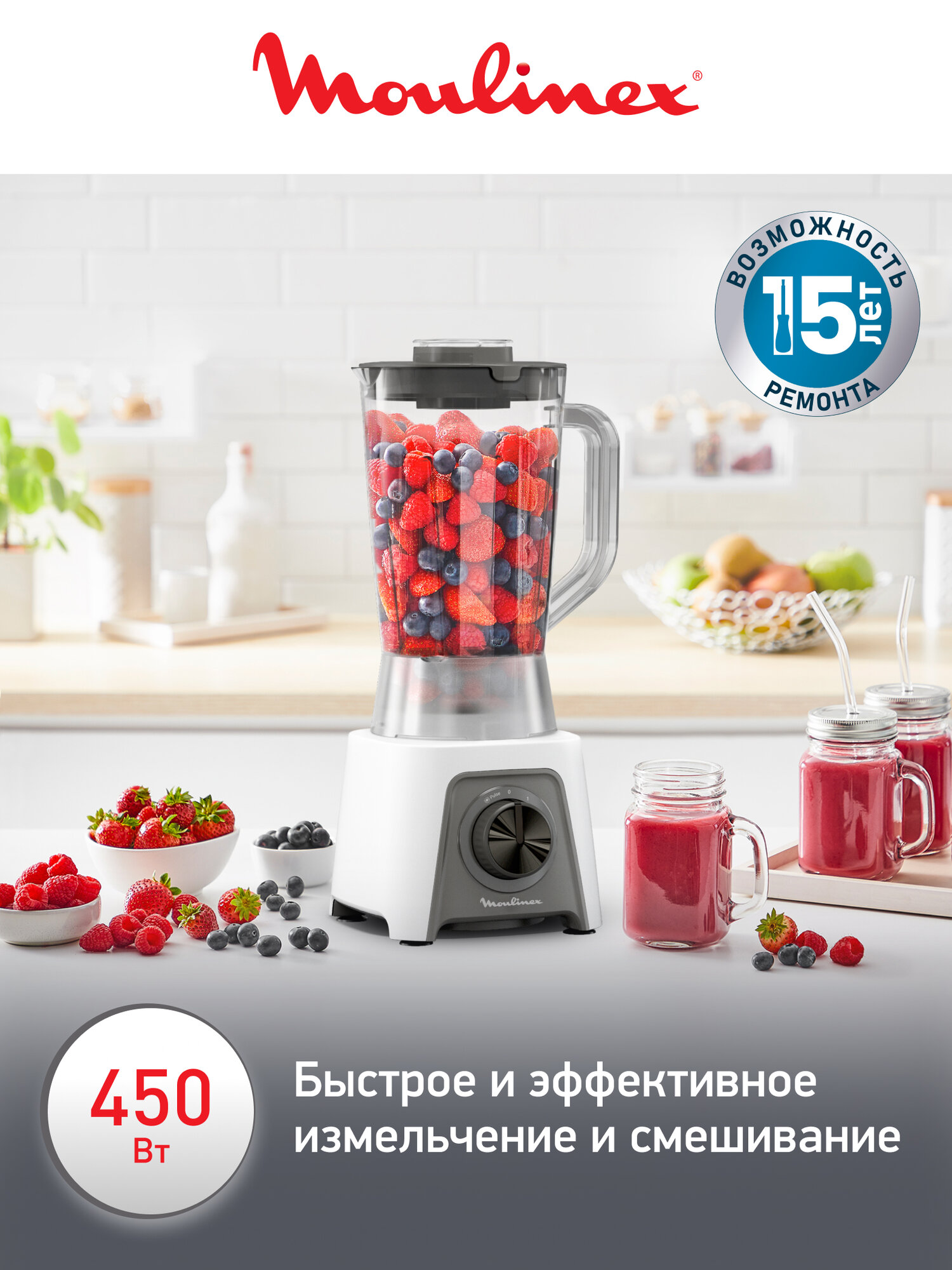 Стационарный блендер Moulinex Blendeo+ LM2C0110 с ручной регулировкой скоростей и режимом Pulse, 450 Вт, белый — фото 1