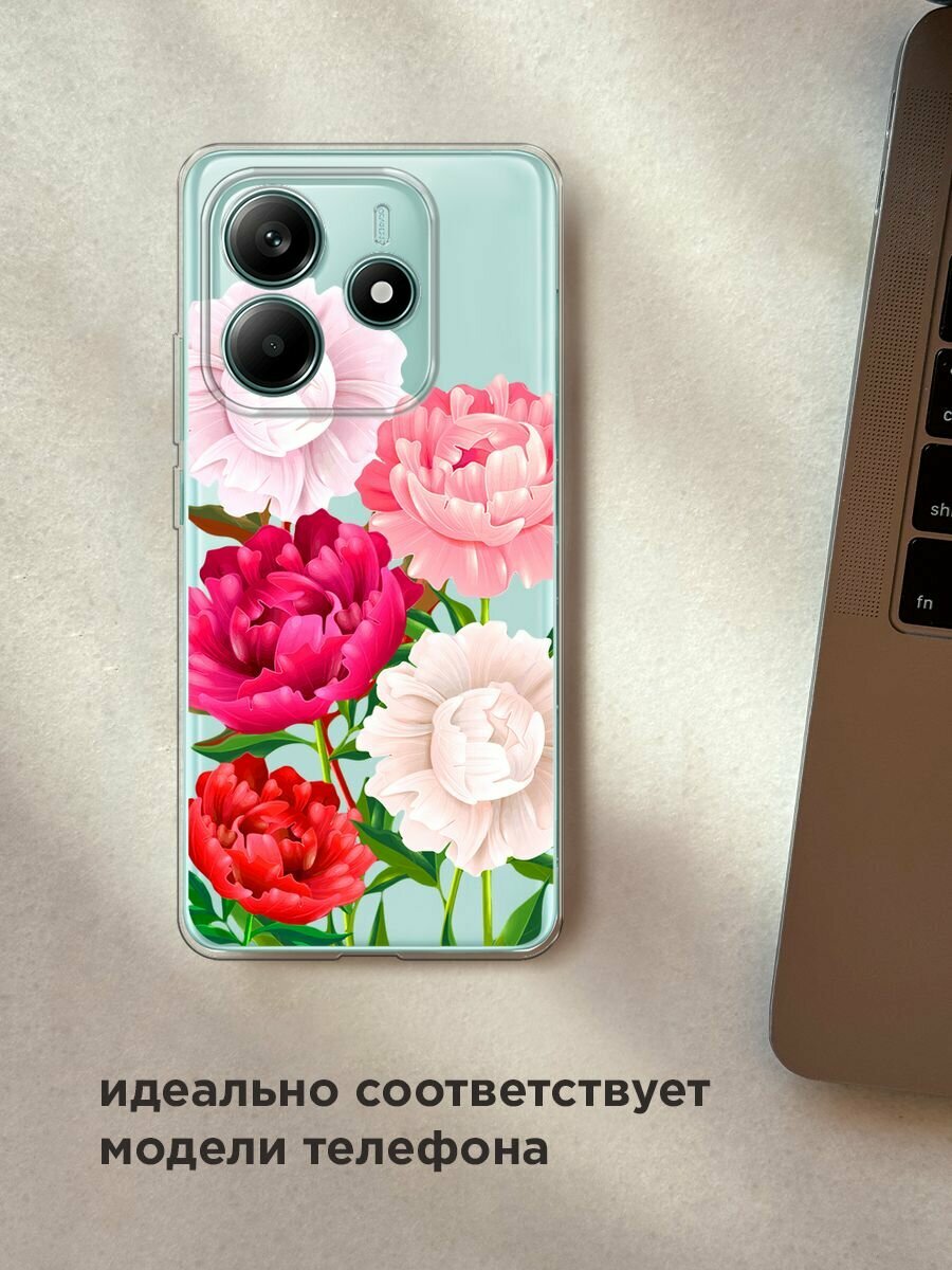Чехол на Xiaomi Redmi Note 14 4G / Редми Нот 14 4G с принтом "Большие пионы", прозрачный — фото 1