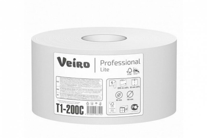 Туалетная бумага в средних рулонах Veiro Professional Lite 200м 1сл,12шт, Т1-200С