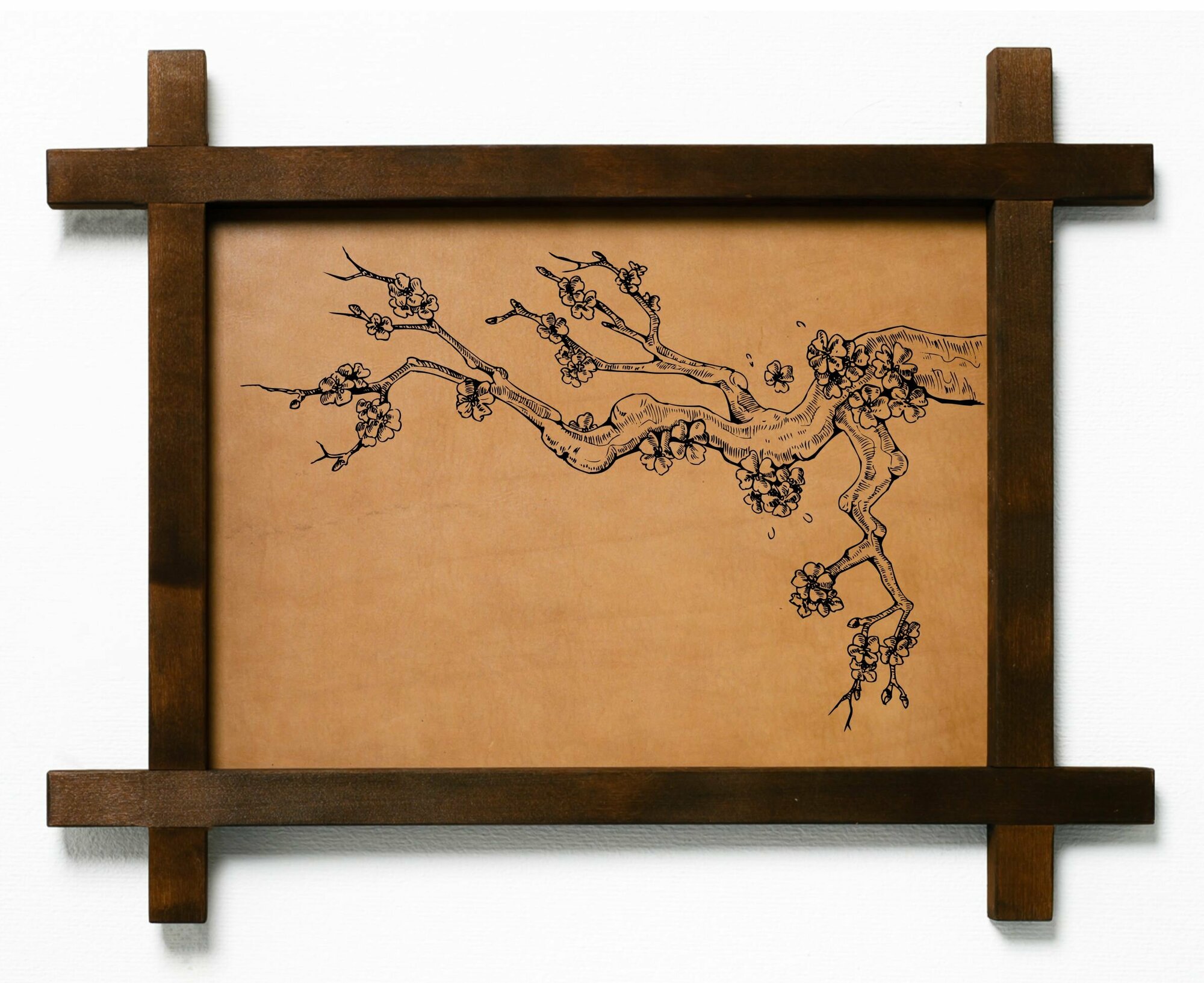 Картина Ветвь сакуры, гравировка на натуральной коже, интерьерная для украшения и декора на стену в деревянной раме, подарок, BoomGift