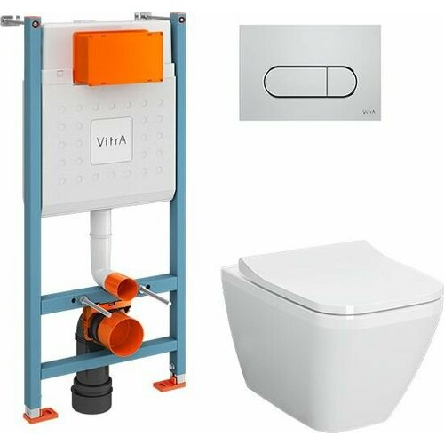 Инсталляция с подвесным безободковым унитазом Vitra Integra Square L-Box 9856B003-7207 комплект унитаза с инсталляцией vitra integra round 9856b003 7205 с сиденьем микролифт и клавишей смыва хром глянцевый