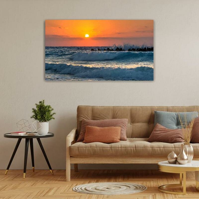 Картина на холсте 60x110 LinxOne "Пляж небо закат море волны" интерьерная для дома / на стену / на кухню / с подрамником