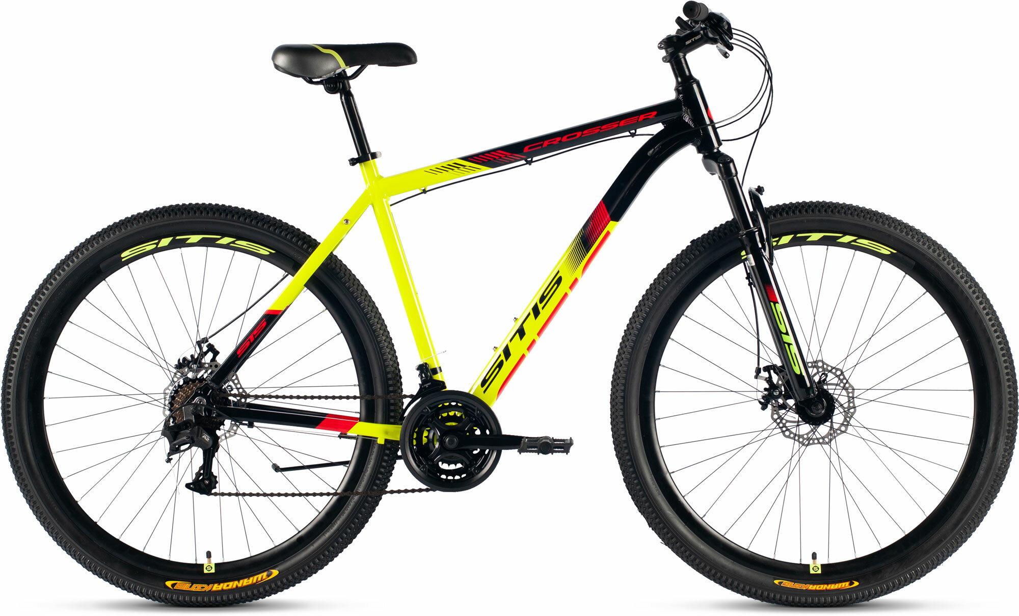 Велосипед горный SITIS CROSSER SCR29MD 29" (2024), хардтейл, взрослый, мужской, алюминиевая рама, 21 скорость, дисковые механические тормоза, цвет Black-Yellow-Red, черный/желтый/красный цвет, размер рамы 21", для роста 185-195 см