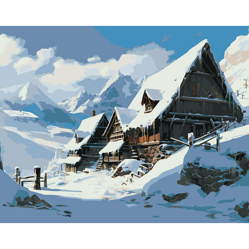 картина по номерам природа пейзаж с домиком и причалом Картина по номерам Зима: Пейзаж с домиком в горах 1 40x50