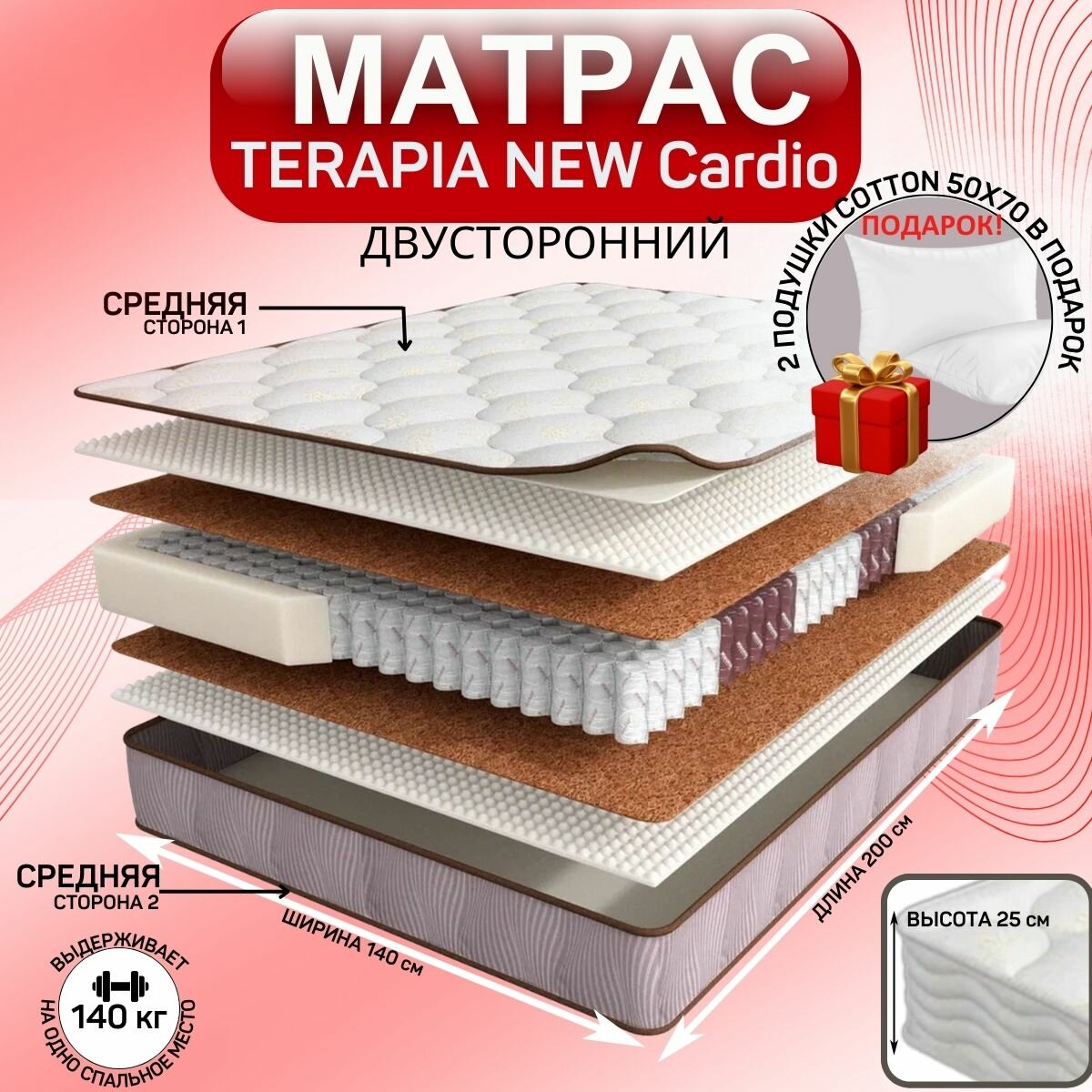 Матрас TERAPIA NEW Cardio, анатомический, ортопедический, независимые пружины, 200х140 см