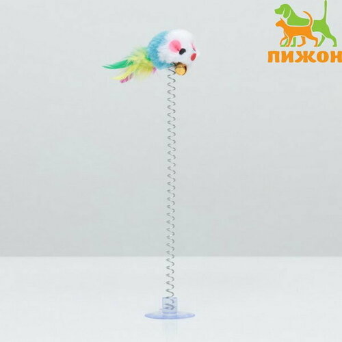 Дразнилка Мышь на присоске, искусственный мех с цветными перьями,24 см, мышь синяя/белая flamingo игрушка д к мышь со звонком на присоске