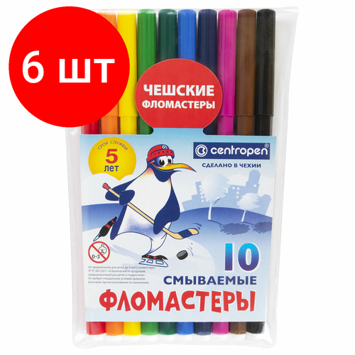 Комплект 6 шт, Фломастеры 10 цветов CENTROPEN Пингвины, смываемые, вентилируемый колпачок, 7790/10ET, 7 7790 1086