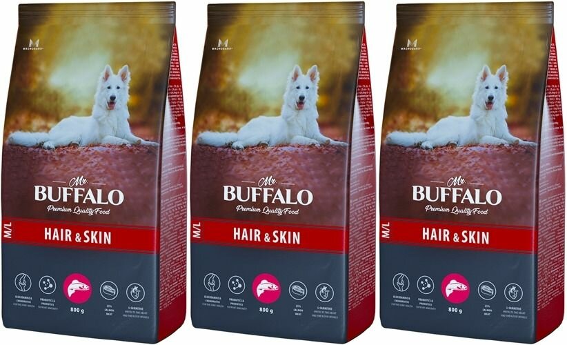 Mr.Buffalo Сухой корм для собак средних и крупных пород Hair & Skin Лосось, 800 г, 3 уп