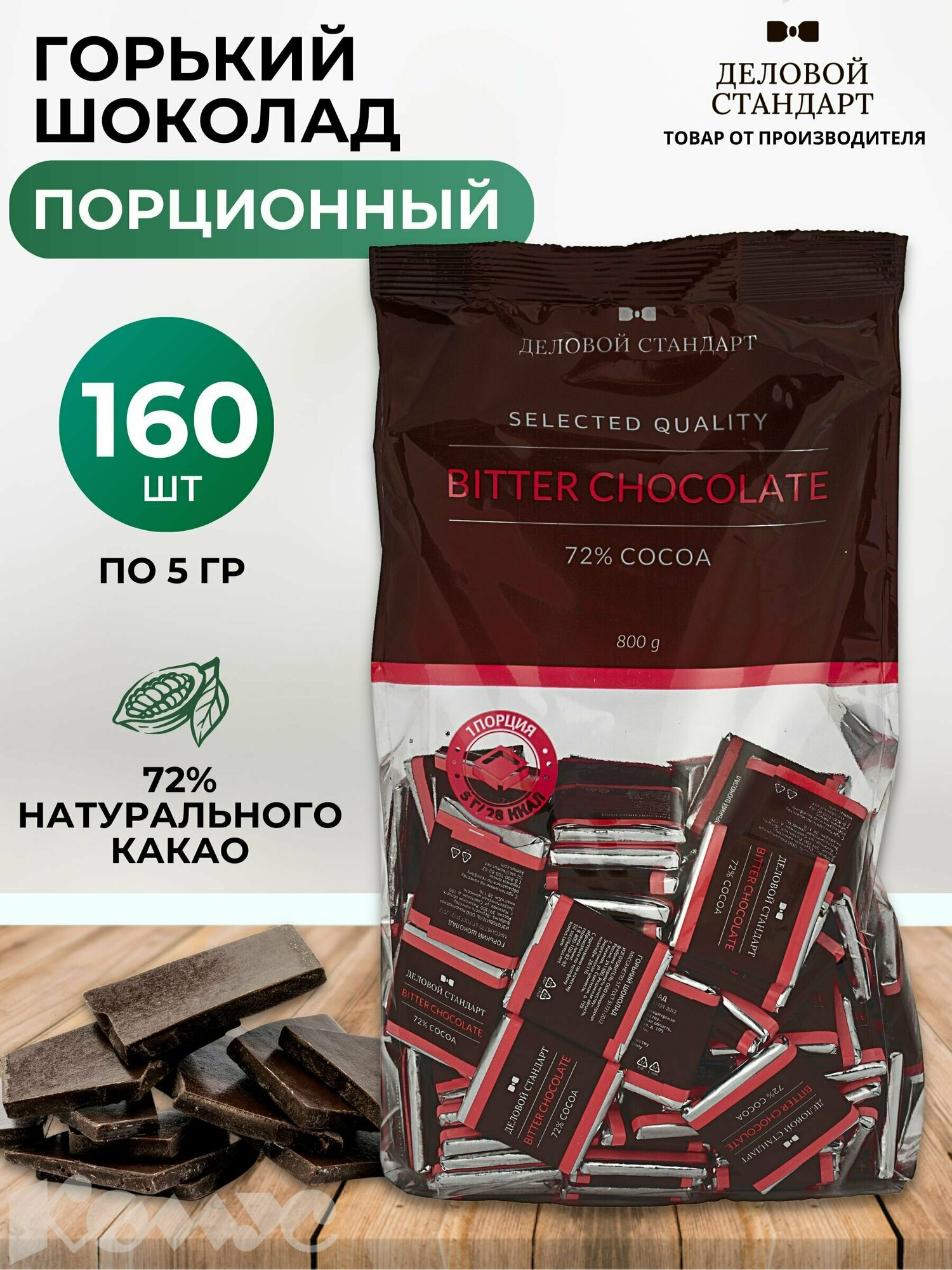Шоколад порционный Деловой Стандарт горький 72% (160 штук по 5 г)