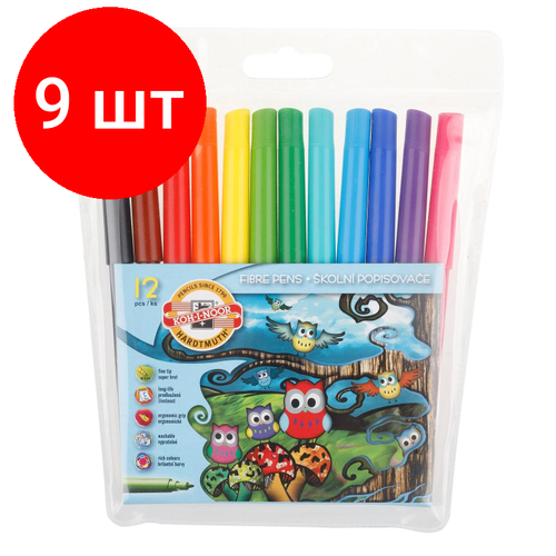 Комплект 9 наб, Фломастеры KOH-I-NOOR Совы 12цв/наб смываемые вентилир. ПВХ 771012AB01TE комплект 3 наб фломастеры koh i noor совы 12цв наб смываемые вентилир пвх 771012ab01te