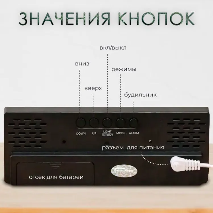 Часы электронные цифровые настольные с будильником, термометром и календарем (0712) зелёная подсветка (чёрный корпус) — фото 1