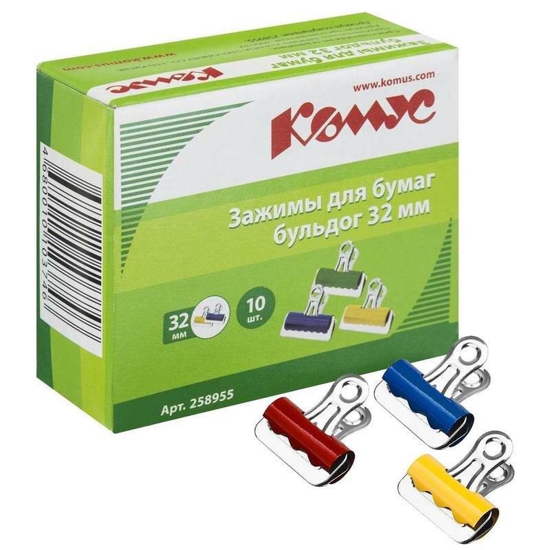фото Зажимы для бумаг Комус бульдог 32 мм цветные (10 штук в упаковке)