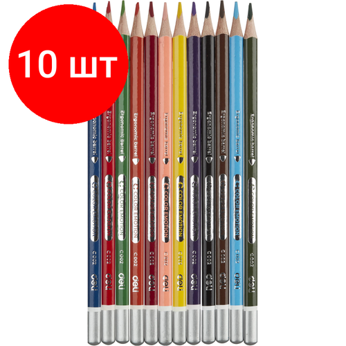 Комплект 10 наб, Карандаши цветные Deli EC00205 Color Emotion липа 12цв/наб. мет. кор