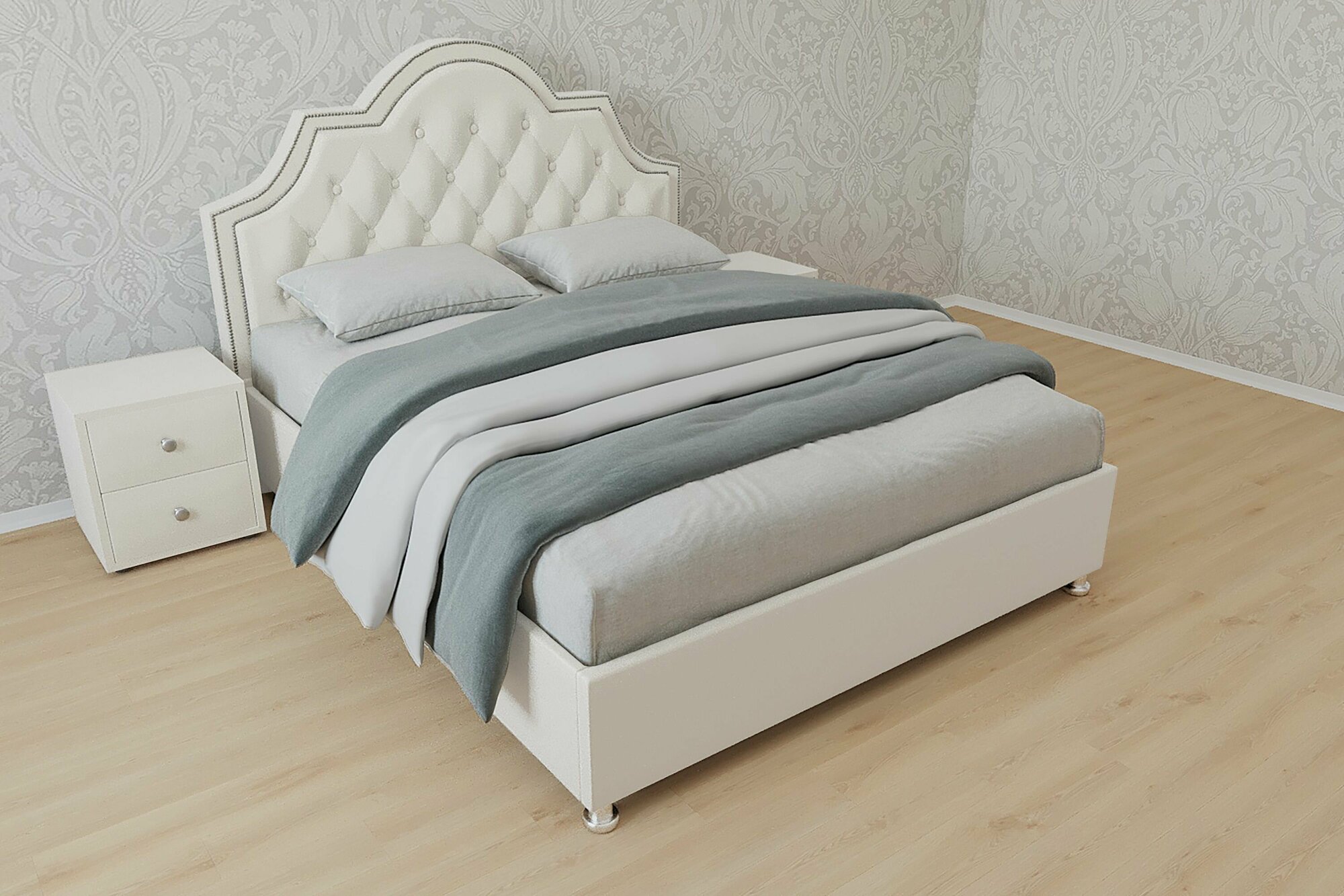 Односпальная кровать Мирабель 120x200 с подъемным механизмом и с коробом для белья велюр белый ножки 13 см хром