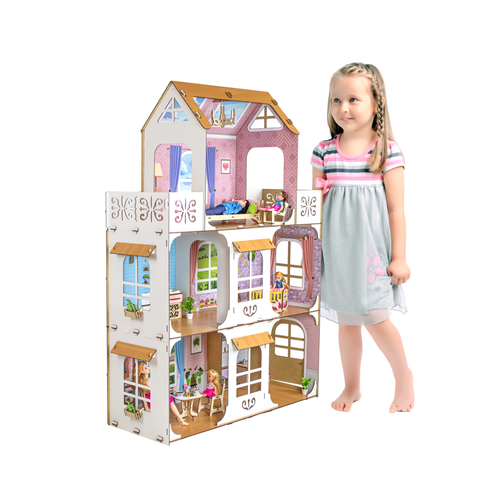 фото Деревянный кукольный домик с мебелью для барби / большой домик для кукол m-wood