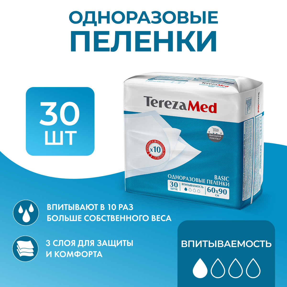 Пеленки одноразовые TerezaMed Basic 60x90 , 30 шт