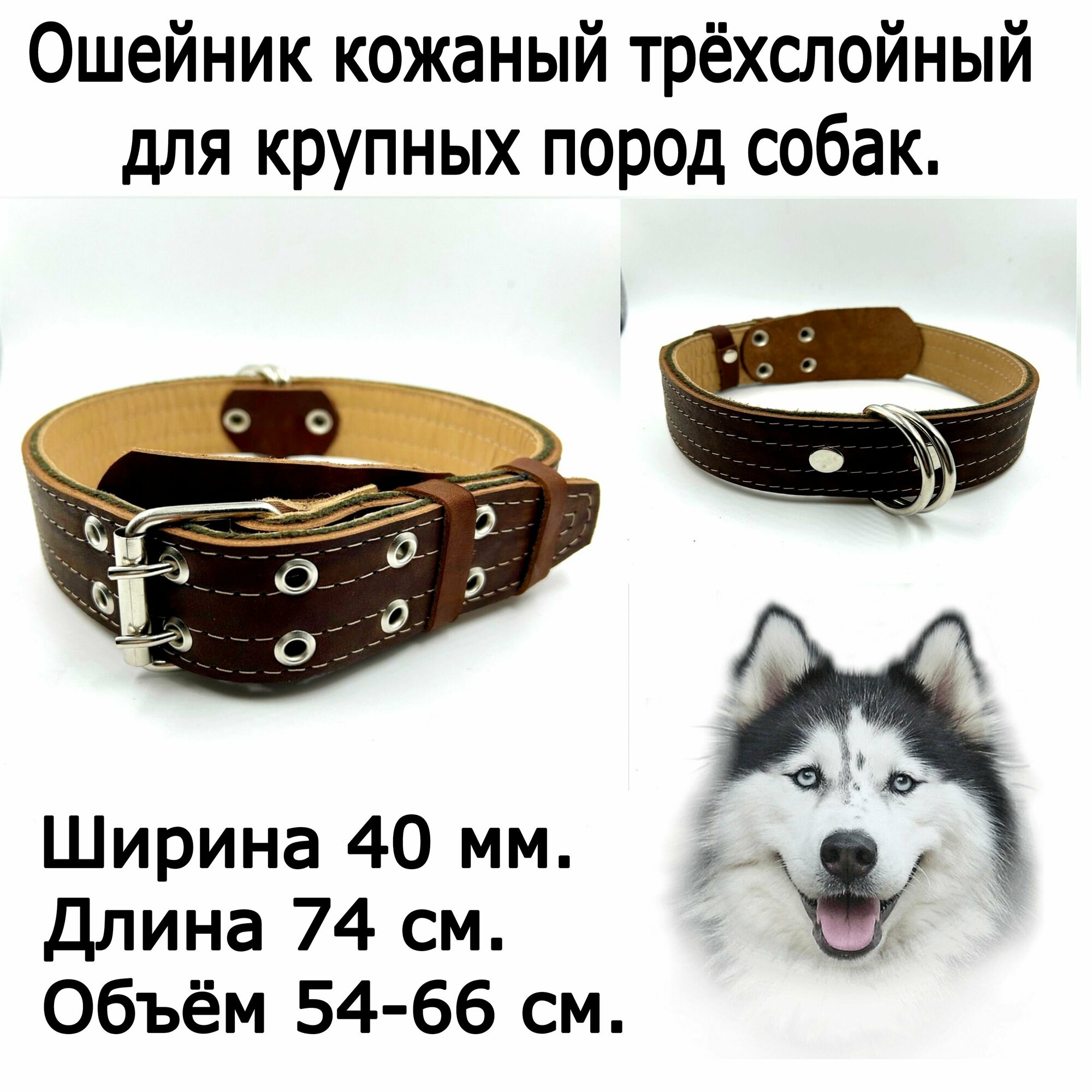 Кожаный ошейник трехслойный для крупных пород собак. Ширина 40 мм. Длина 74 см. Объем 54-66 см.