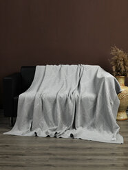 Плед 180х220, вязаный, KING PLAID, светло-серый, хлопок, покрывало на кровать, на диван, на кресло, в подарочной сумке