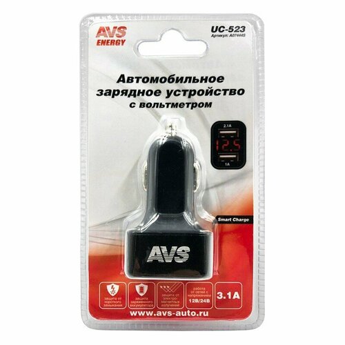 USB автомобильное зарядное устройство AVS 2 порта UC-523 (3А, черный) с вольтметром