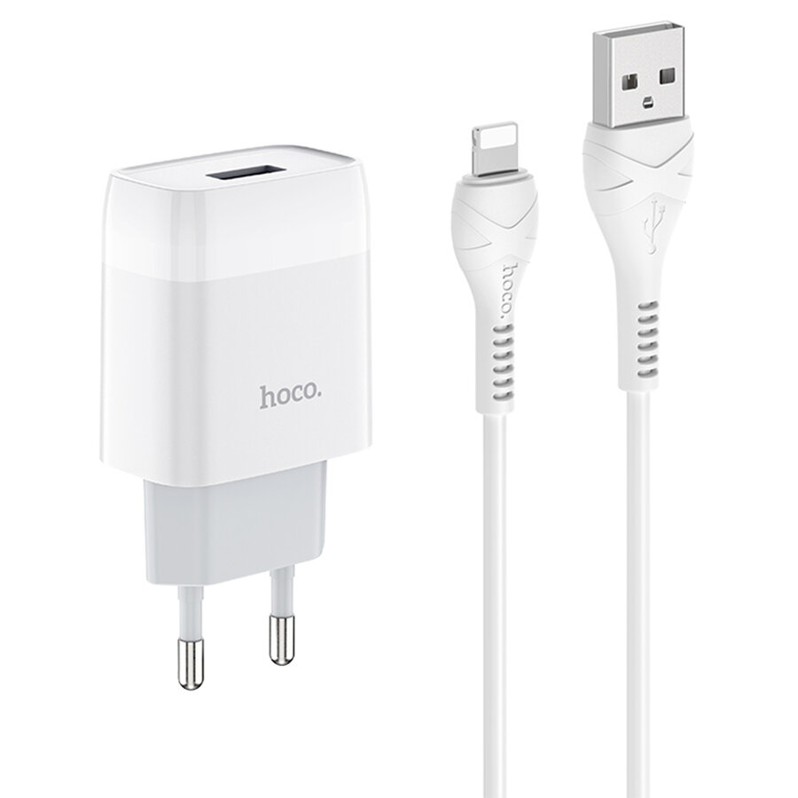 Сетевое зарядное устройство HOCO C72A Glorius single 1xUSB с Кабелем USB - Lightning, 2.1A, 10W, белый