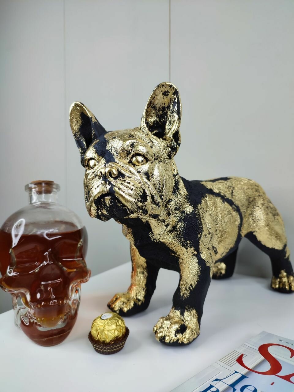 Фигурка Собачка французский бульдог в декоре "Черное и Золото"24 см.
