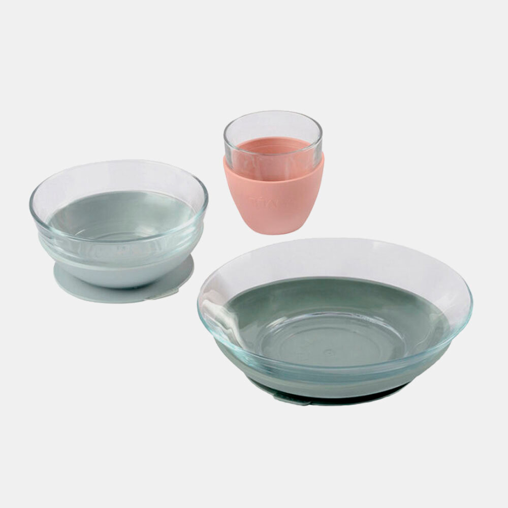Детская посуда для прикорма: тарелка большая, тарелка малая, чашка, стеклянный набор, покрытие силикон