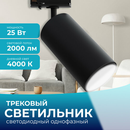 Светодиодный трековый однофазный светильник 25Вт, 230В, 2000лм, 4000К, IP20, d74х140х205мм, черный