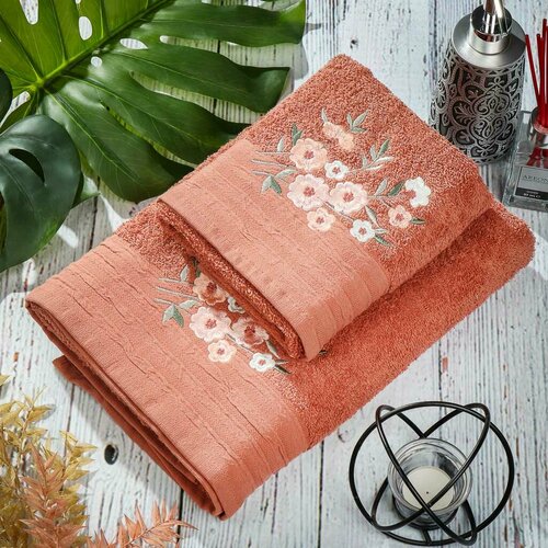 Набор полотенец 2 шт 50х80 70х130 см 100хл 450 гм2 Silvano Флора персик цветы Турц 3428₽