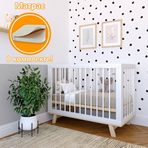 Кроватка для новорожденного Lilla (приставная) - модель Aria белая/дерево + Матрас DreamTex 120х60 см 2494354-gift