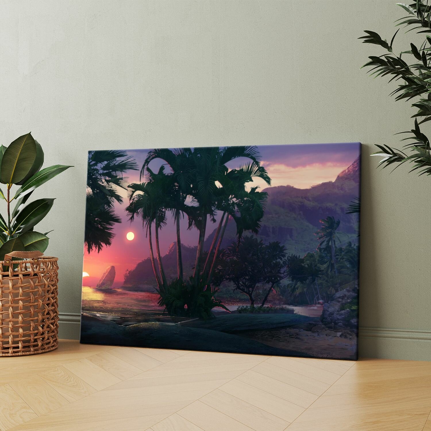 Картина на холсте (Море пальмы закат) 30x40 см. Интерьерная, на стену.