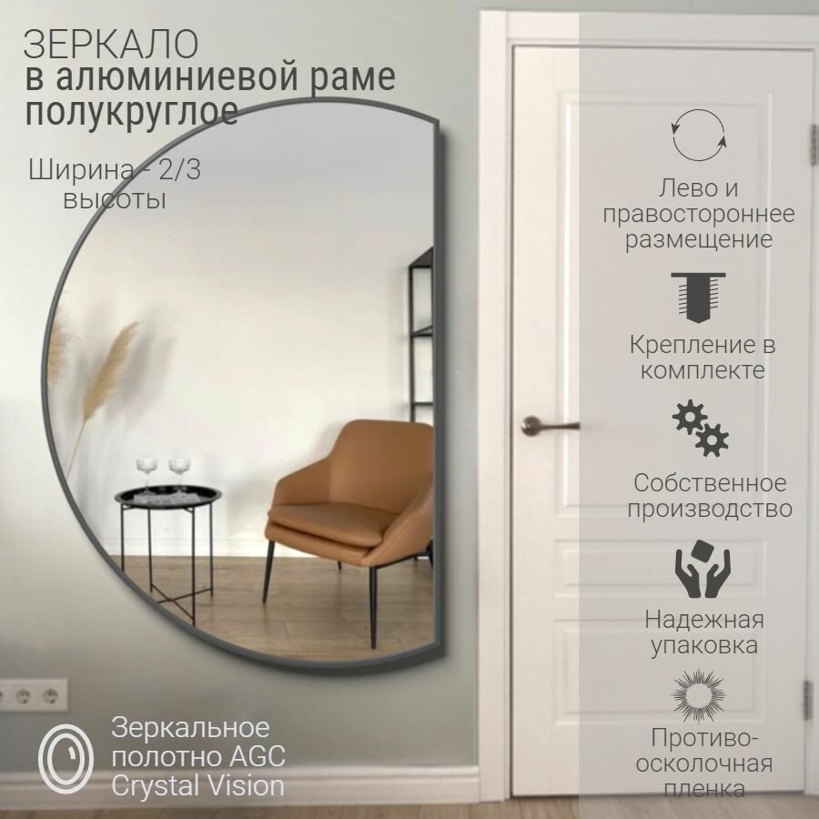 Зеркало полукруглое 110*70 см AGC CrystalVision, алюминиевая рама, Черный, без подсветки большое интерьерное настенное