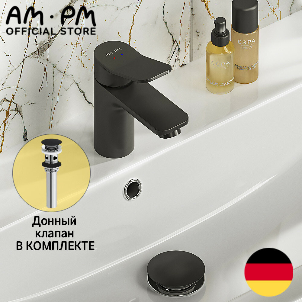 Cмеситель для раковины в ванную AM.PM Brava черный, с металлическим черным донным клапаном, керамический стабилизирующий картридж Soft Motion, высококачественная латунь, Гарантия 10 лет