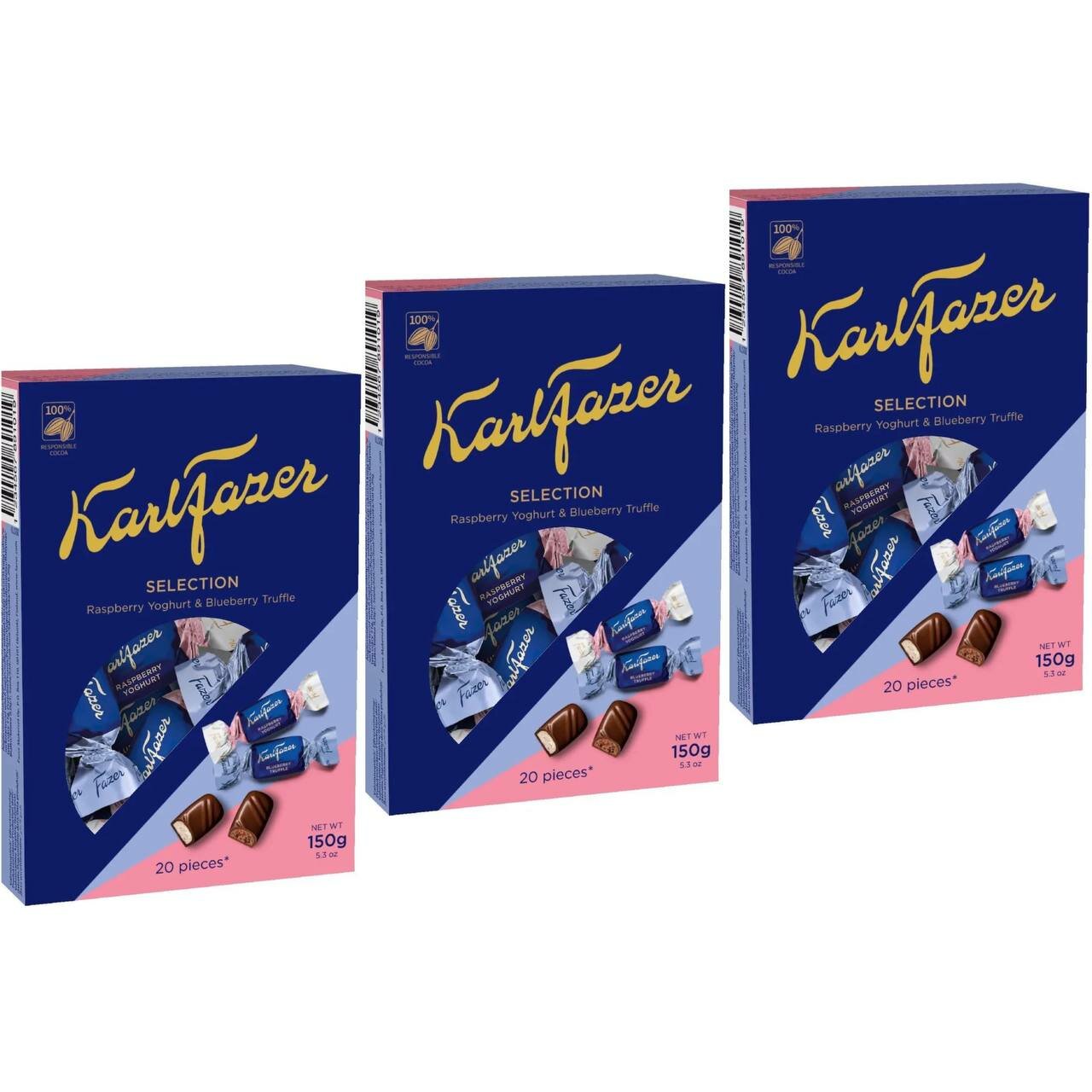 Karl Fazer Selection Конфеты шоколадные ассорти (малиновый йогурт и черничный трюфель), 3шт по 150 г (Из Финляндии)