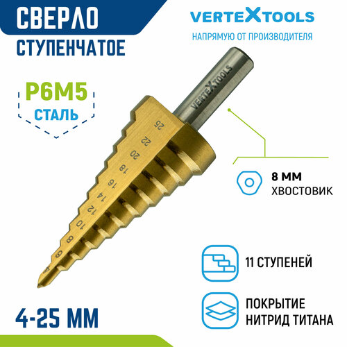 Сверло ступенчатое по металлу Vertextools 4x25, шаг 2мм сверло по металлу ступенчатое 6 20 ст 8 9хс волжск инстр