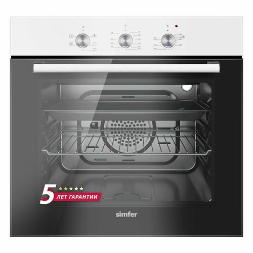 Электрический встраиваемый духовой шкаф Simfer ширина 60см 5 режимов работы конвекция таймер 58 литров подсветка противень хромированная решетка 5 лет гарантии белый 3062100₽