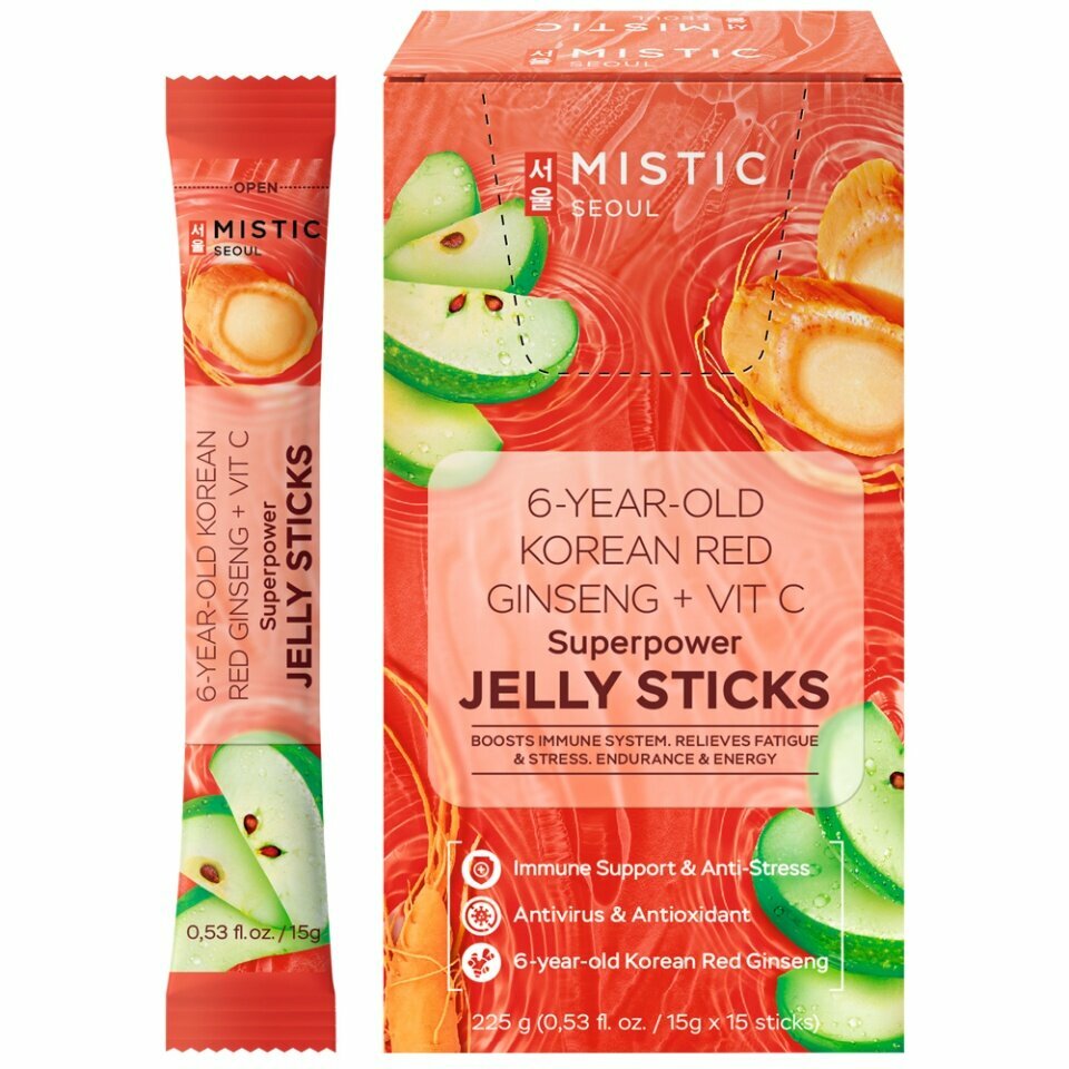 MISTIC 6-YEAR OLD KOREAN RED GINSENG+VIT C SUPERPOWER JELLY STICKS, 15pcs*15g/box суперпауэр желейные палочки С 6-ЛЕТНИМ корейским красным женьшенем