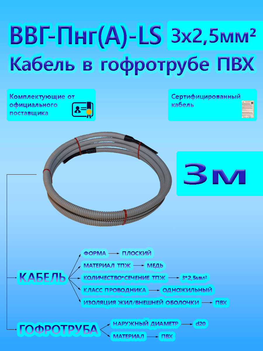 Кабель ВВГ-Пнг(А)-LS 3х2,5 ОК 0,66 кВ ГОСТ в серой гофротрубе ПВХ d20 (3 м) универсальный L-фаза