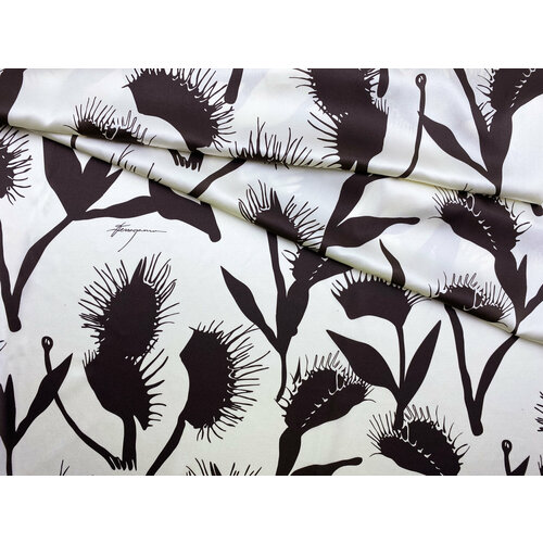 Ткань Атласный Шёлк молочного цвета с принтом коричневые цветы 46430 6200₽