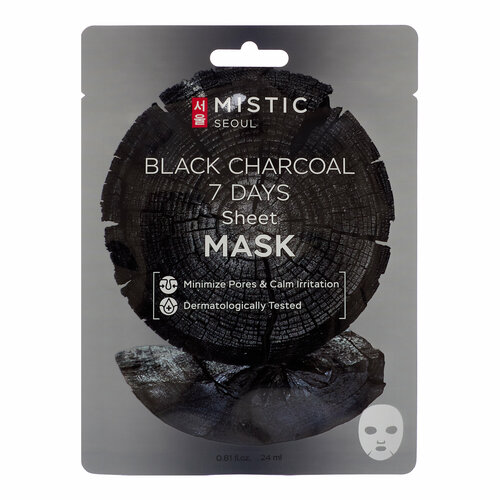 MISTIC BLACK CHARCOAL 7 DAYS Sheet mask Тканевая маска для лица с древесным углём 24мл