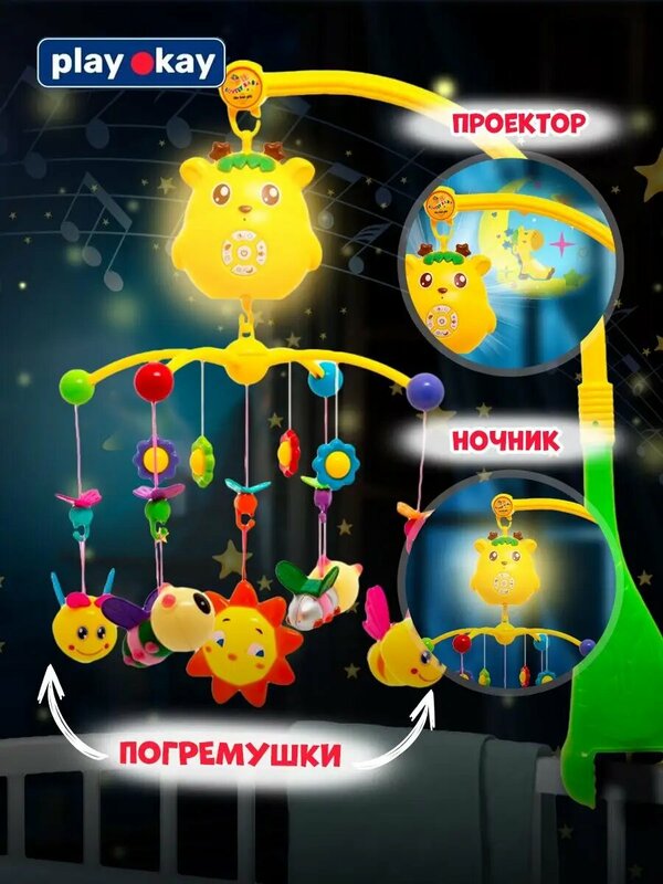 Мобиль в кроватку музыкальный с проектором для новорожденных