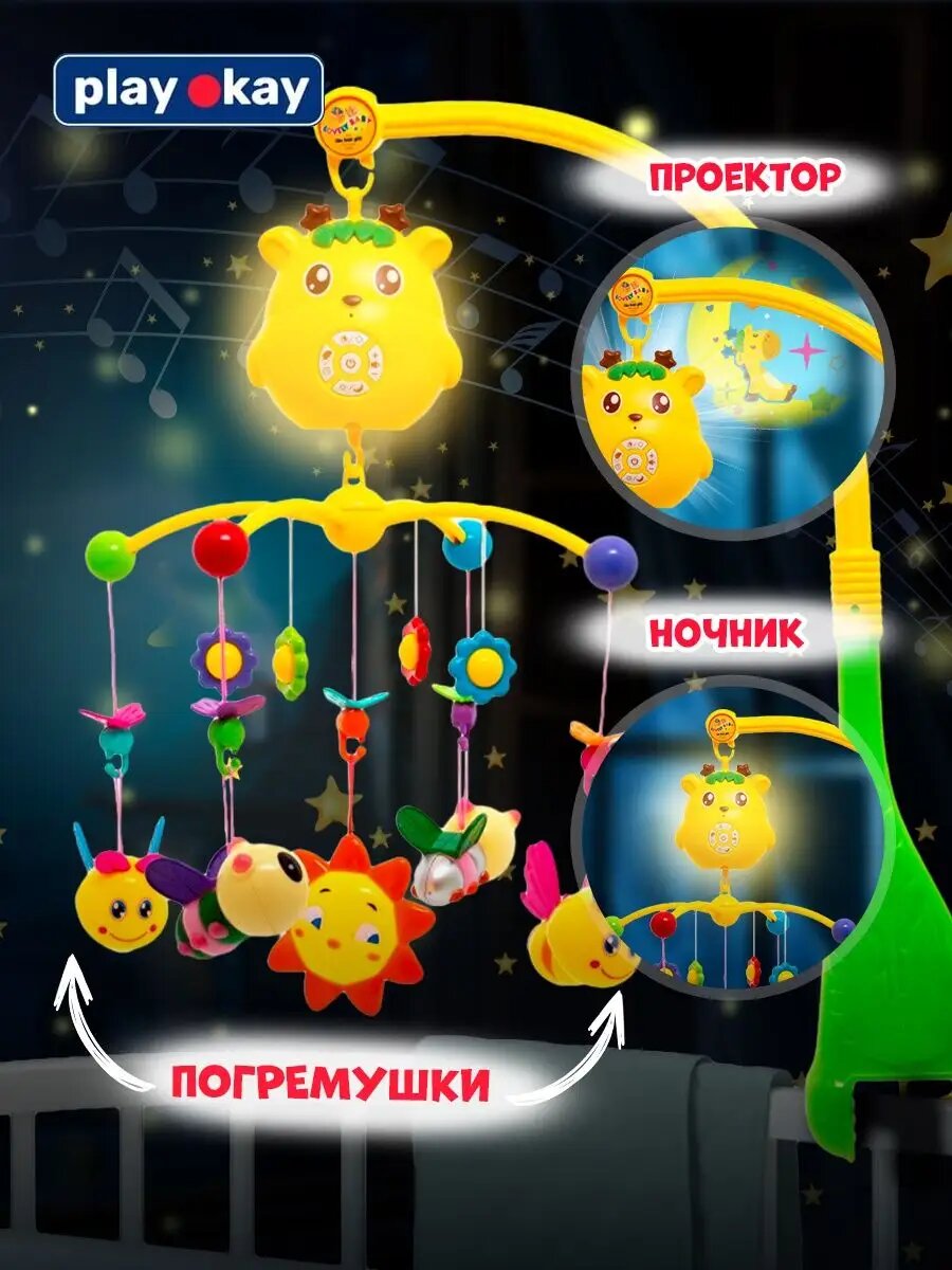 Мобиль в кроватку музыкальный с проектором для новорожденных