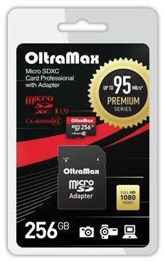 Карта памяти 256Gb MicroSD OltraMax Premium + SD адаптер (OM256GCSDXC10UHS-1-PrU3)