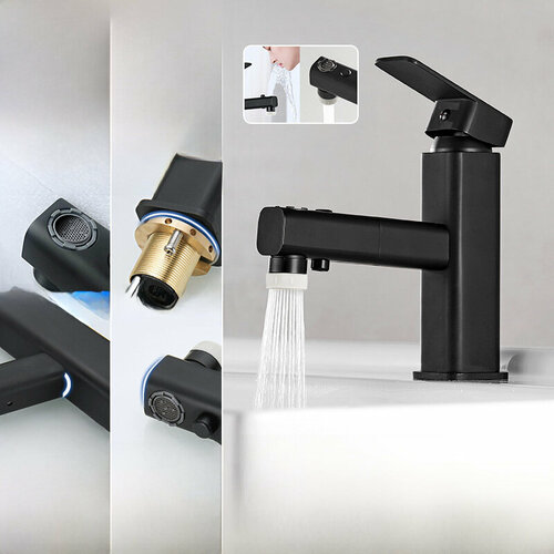 Смеситель для раковины с выдвижной лейкой ther черный