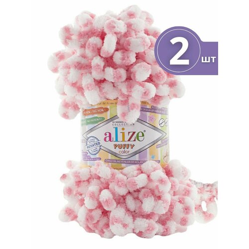 Плюшевая пряжа Alize Puffy Color (Ализе Пуффи Колор) - 2 мотка 6494 Белый /розовый Микрополиэстер - 100% 100г/9м