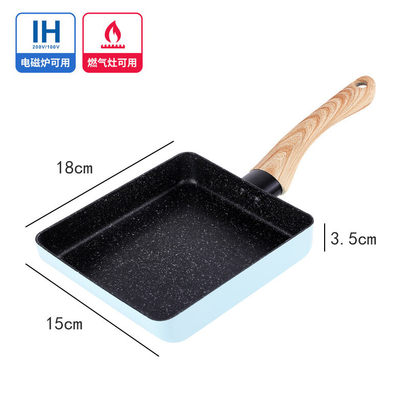 фото Сковорода Tamako-yaki с деревянной ручкой и покрытием Maifan Stone, 15x18 см, синяя, прошла тестирование FDA