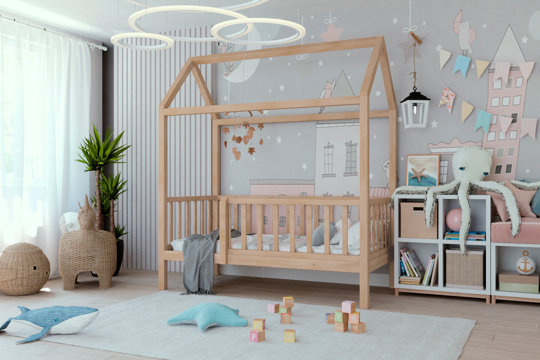 фото Кровать детская, подростковая "Соня-домик", спальное место 180х90, натуральный цвет, из массива